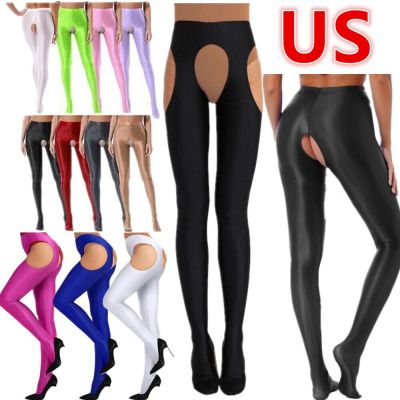 US Women's Glossy Pantyhose Cut Out High Waist  Yoga Pants Opaque Footed Tights